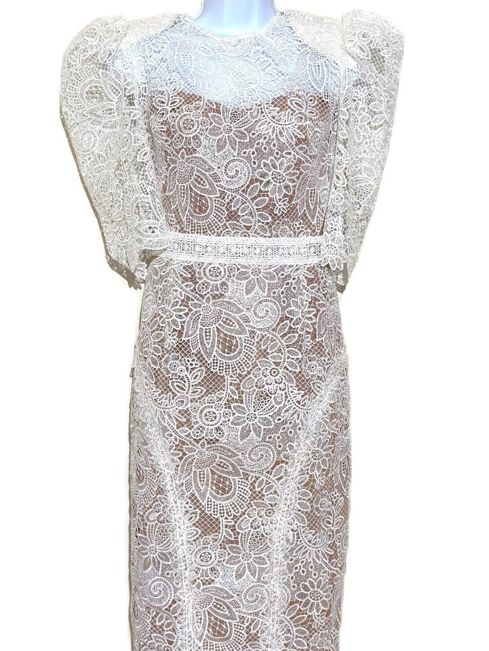 Bronx & Banco Madeleine White Lace Puff Sleeve Midi Dress Size M US 6